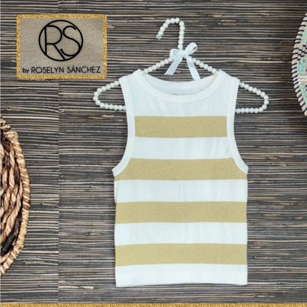 Roslyn Sanchez seamless gold/ivory striped tank top Size XS/Small nwot